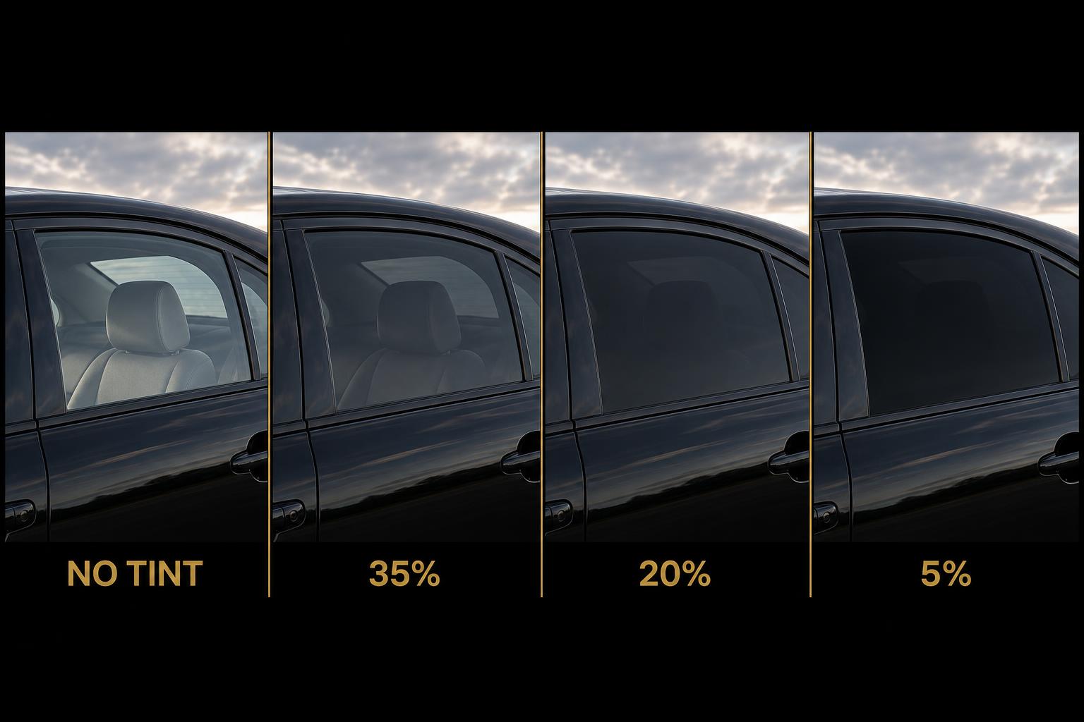 Window tint shade comparison: no tint, 35%, 20%, and 5% VLT on the same vehicle
